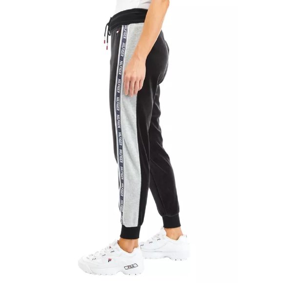 X Small BLACK Tommy Hilfiger Sport Women Athleisure Velour Jogger w/ Logo Taping - Picture 1 of 8